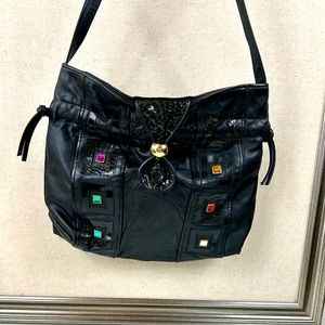 Vintage Berrita Black Leather Bag with Rhinestones, Made in Italy